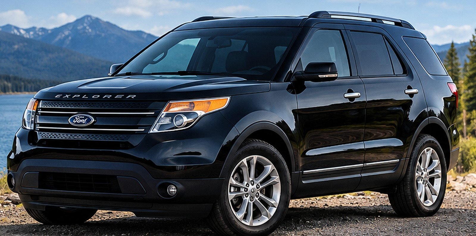 Illustrative photograph-style image of a Tuxedo Black Metallic 2015 Ford Explorer XLT by the mountains
