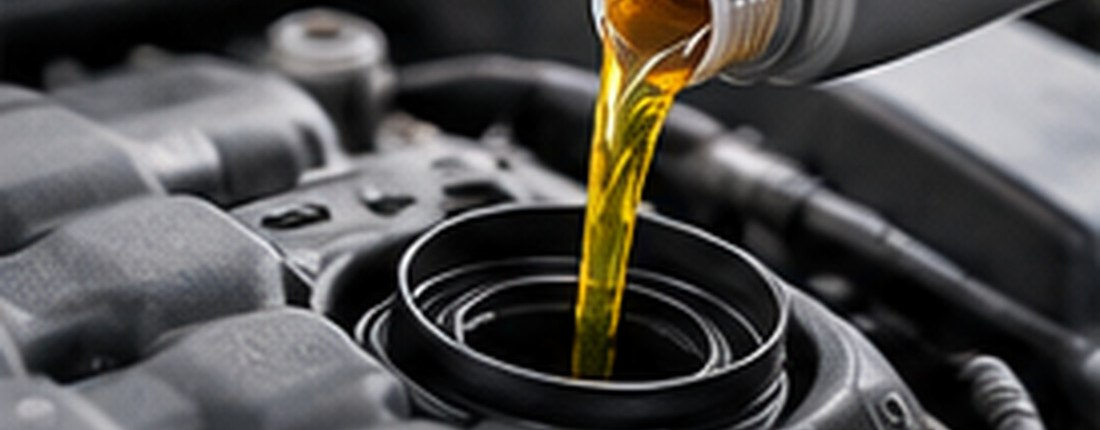 Photograph of engine oil being poured into a vehicle engine